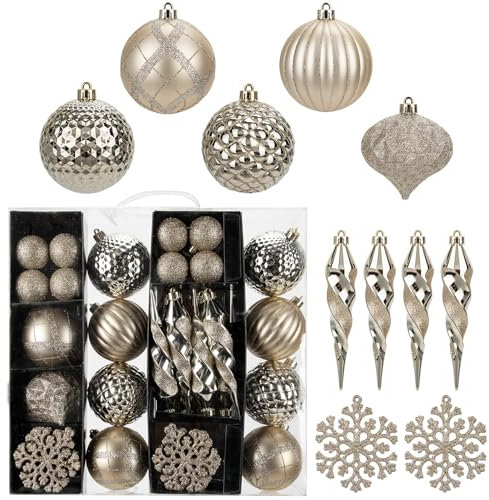 Briful 50PCS Christmas Baubles Set - Shatterproof Champagne & Icicle Snowflake Hanging Ornaments for Christmas Tree Decorations