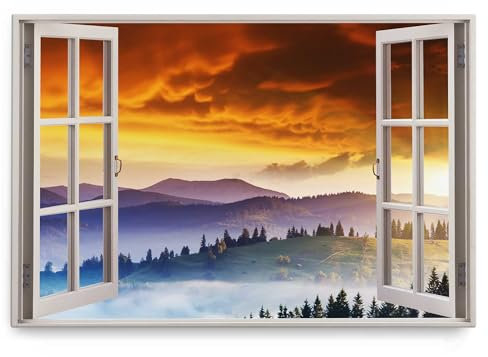 Paul Sinus Wandbild 120x80cm Fensterbild Roter Himmel Berge Nebel Landschaft Natur
