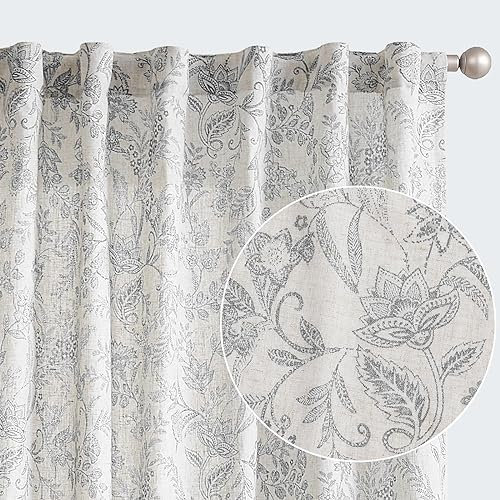 TOPICK Gardinen Leinen Vorhänge Blumen Bedruckt Wohnzimmer Gardine mit verdeckten Schlaufen Curtains Living Room für Schlafzimmer Landhaus Tür 2er-Set Grau auf Beige 140B x 145H(cm)