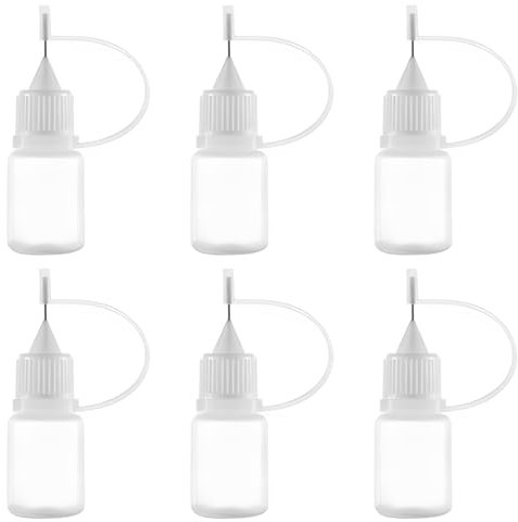 AFCJLTO Flacons compte-gouttes en plastique, Ensemble de 6 applicateurs d'aiguilles pour bouteilles en plastique, idéal pour les colles, encres et huiles, parfaits pour les applications les plus fines