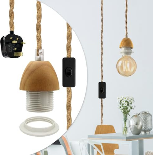 Vintage Hemp Rope Hanging Lamps, 510 cm Wood E27 Lamp Holder Suspended Pendant Light Fitting Kit, Rustic Plug in Pendant Lighting, Retro Plug in Hanging Lamp Fixtures, , DIY Lampshade, for Loft