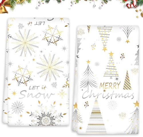 Weihnachten Küchentücher 2er Set, Bäume Schneeflocken Geschirrtücher, Küchenhandtücher, Winter Christmas Dekoration Handtücher, Trockentuch Saugstarke Strapazierfähig, 45 x 66 cm (Gold Silber)