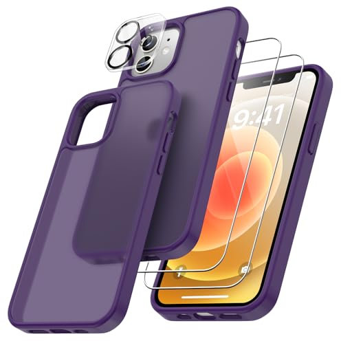 FLLAO 4 en 1 Coque pour iPhone 12 avec 2 Verre Trempé et 1 Caméra Protecteur, [Coussin d'air Intégré] Antichoc Antirayures Bumper Protection Housse pour iPhone 12 6.1, Violet foncé