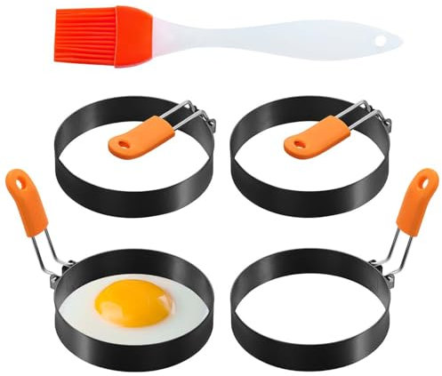 Spiegeleiform - 4er Set Eierformer aus Edelstahl, Antihaftbeschichtete Spiegeleierformen mit Silikongriff, Ideal für Pfannkuchen, Sandwiches, Spiegeleier, pancake form
