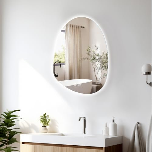 Youyijia Spiegel Mit Beleuchtung, 80 X 52 cm Asymmetrischer Badspiegel Mit Beleuchtung Mit Touch-Schalter, Dimmbar, Beschlagfrei, 3 Lichtfarbe Einstellbare, Badezimmerspiegel, Badezimmer Spiegel