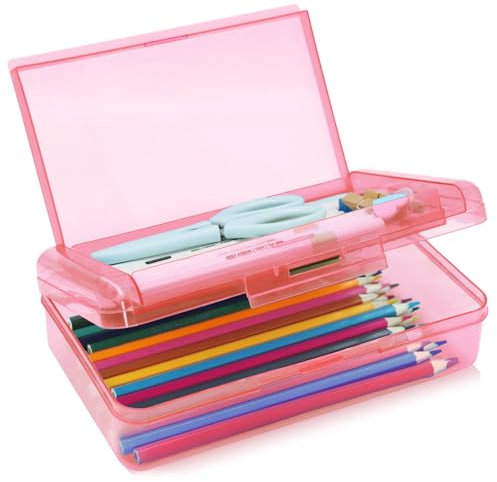 YILANCOL 1 Pack Double Layer Hard Pencil Cases, Plastic Translucent Pencil Box with Snap-Tight Lid for Pens, Pencils, School, Stylish Office Supplies Storage Organizer Box (Pink)