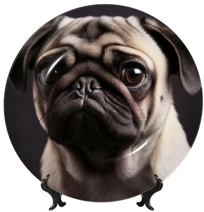 DWVTFSM Dekorativer Teller mit Mops, Knochenporzellan, Kunst, Keramik, dekorativer Teller mit Ständer, 15,2 cm, handgefertigt, Keramik-Ornament für Zuhause, Büro, Wanddekoration