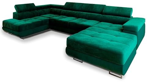 Masseno Ecksofa CASONE L-S mit Schlaffunktion U-Form, Sofa mit Bettkasten, Wohnzimmersofa, Couch, Soffa, Bettsofa, Couchgarnitur- Grün, Monolith 37