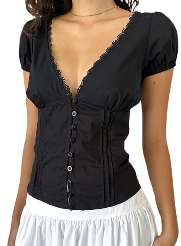 Women Y2K Ruffle Crop Top Short Puff Sleeve V Neck Lace Trim Button Down T-Shirt Summer Fairy Grunge Babydoll Blouse Tee (Black A, S)