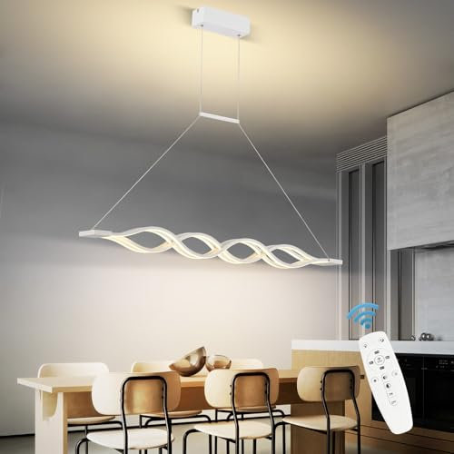 Esstischlampe Pendelleuchte, Modern LED Esszimmerlampe Wave Hängeleuchte Weiß Pendellampe Dimmbar mit Fernbedienung, Höhenverstellbar Hängelampe für Esszimmer Wohnzimmer Kücheninsel Büro (L120CM)