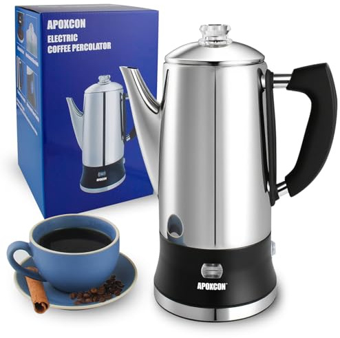 APOXCON Percolateur électrique 12 tasses - Acier inoxydable, bouton en verre et fonction maintien au chaud. Base amovible sans fil