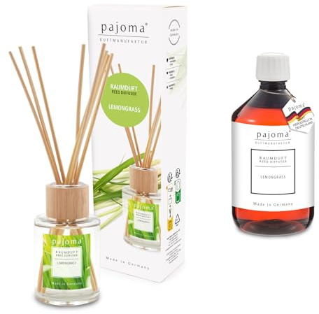 pajoma® Raumduft Lemongrass 100 ml + Nachfüller 500 ml | Komplett-Set mit Rattanstäbchen | Langanhaltender Diffuser, Premium Qualität