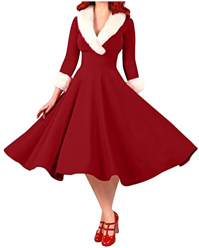 Womens Christmas Dress Vintage 1950s Long Sleeve Swing Party Xmas Cocktail Holiday Dress Casual Cute