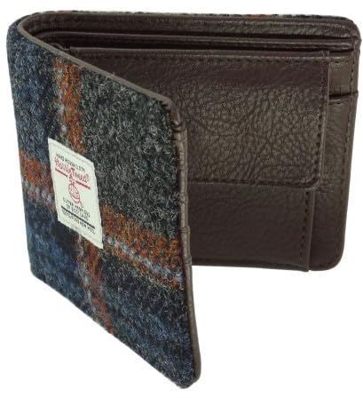 Harris Tweed Slim Wallet for Men, Genuine Scottish Tweed, Various Traditional Patterns (Rust Overcheck)