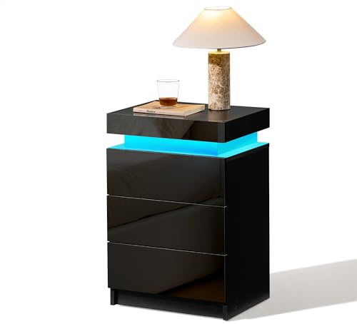 CLIPOP Nachttisch Hochglanz, LED, Sprachsteuerung, 3 Schubladen，45*35*67cm | Kommode, Beistelltisch, mit LED-Lichtstreifen, für Wohnzimmer & Schlafzimmer, modernes Design, viel Stauraum，Schwarz