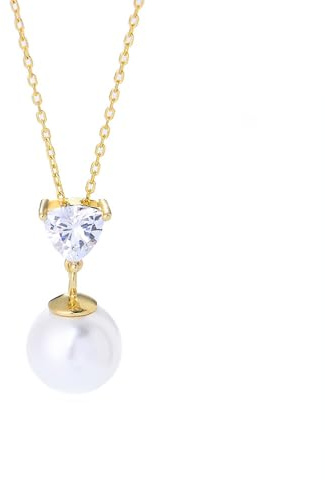 Ayoiow 9K Goldkette Frauen Damen, 9K Gelbgold Rolo Kette, Perle und Moissanit Elegant Damen Kette Gelbgold 375 Echtgold, 40+5cm