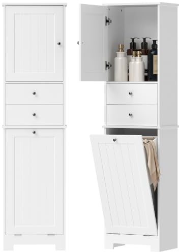 HOMCOM Mobile Bagno Alto Stretto con Cesto a Ribalta 45x30x171.3 cm Bianco | Mobiletto Bagno Salvaspazio, Cesto Portabiancheria, Ante Soft Close, 2 Cassetti, per Lavanderia, Moderno