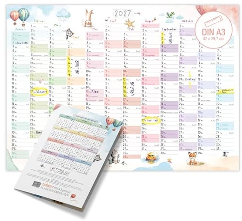 TOBJA® DIN A3 Wandkalender 2027 Tierwelt Aquarell Querformat – Jahresplaner Kinder mit KW, große Felder, FSC-Papier, Feiertage – Rückseite Jahresplanung | Kalender A3 Tiere