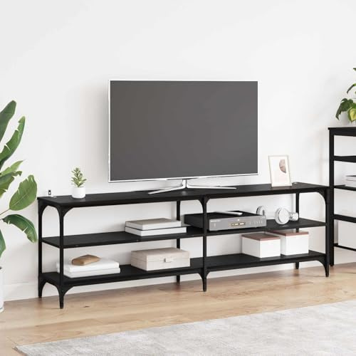 GeenYuu Meuble TV chêne Noir 160 x 30 x 50 cm Bois d'ingénierie et Fer Design Moderne Industriel pour Salon séjour Rangement Console étagère Support Audio vidéo