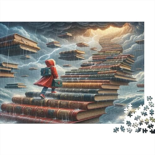 Schweres Puzzle 1000 Teile Sci-Fi Planet & Ringed Waterfall Scene, Book Stairs Girl Fantasy, Pädagogisches Spiel für Erwachsene und Kinder ab 12, 52x38cm/1000pcs