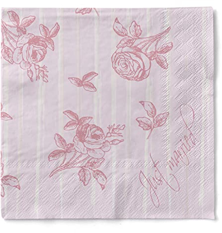 Sovie HOME Servietten HOCHZEIT in Rosé aus 3-lagigem Tissue, 33 x 33cm, 1/4 Falz, 20 Stück, elegante Tischdeko mit Rosenmotiv auf rosafarbenem Hintergrund