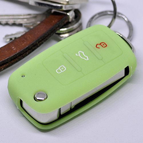 Auto Schlüssel Hülle Silikon Schutz Cover für VW Seat Skoda 3 Tasten ab 11/2009 / Farbe: Fluoreszierend Grün (leuchtet im Dunkeln!)