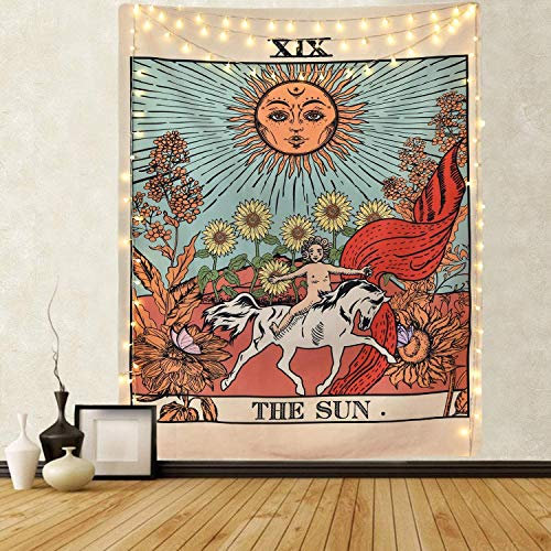 Mazheny Tarot-Wandteppich Der Mond, der Stern und die Sonne, mittelalterliche Europa, Wahrsagung, Wandbehang, Dekorationen, geheimnisvoll für Schlafzimmer, Heimdekoration (die Sonne, 150 x 203 cm)