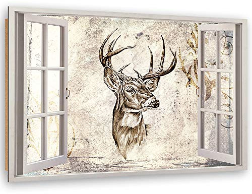 Feeby - Wandbilder Wohnzimmer 60x40 cm, Deko Paneel Bilder, Bilder für Schlafzimmer, Echter Gemalter Effekt, Moderne Wanddeko, Gemälde - Fensterblick, Hirsch - Beige
