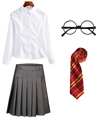 FStory&Winyee Zauberer Set Bluse Rock Weste Krawatte Brille Kostüm Zubehör für Kinder Erwachsene Zubehör Set Striped Tie Gestreifte Krawatte zum Karneval Fasching Halloween,Weiblich-rot,XL