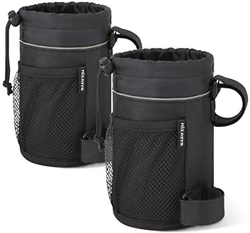 MIZATTO Bike Cup Holder - 2 Pack Water Bottle Holder for Bike - Universal Cup Holders for Bike, Boat, UTV/ATV, Scooter, Wheelchair etc - Water Bottle Cage with Net Pocket and Cord Lock (Black)