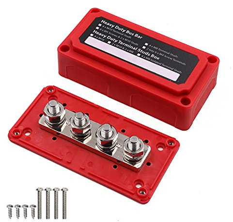 T Tocas 12V- 48V CC Caja de barra colectora de bloque de distribución de energía de alta resistencia (300 Amp, 4 pernos de terminal M10, carcasa roja)