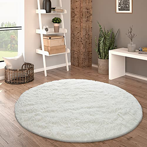 Paco Home Hochflor Teppich Rund Wohnzimmer Schlafzimmer rutschfest Shaggy Modern Flauschig Einfarbig Langflor Kunstfell, Grösse:120 cm Rund, Farbe:Weiß