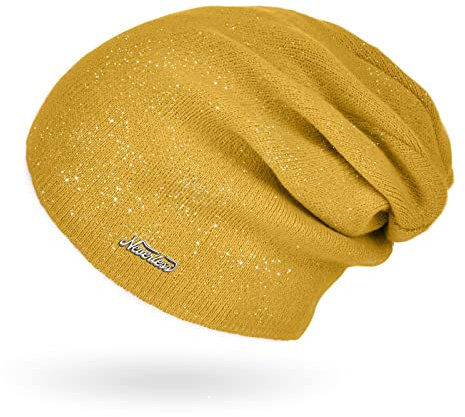 Neverless® Damen Mütze Herbst Strick-Beanie ungefüttert Feinstrick Glitzer Slouch einfarbig Uni senfgelb Unisize