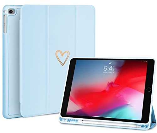 Fycyko Kompatibel mit iPad 9,7 Zoll Hülle, iPad 6./5. Generation 2018/2017 Hülle mit Stifthalter, Frauen Mädchen Herzmuster SchutzHülle für iPad 9,7 Zoll-Hellblau