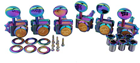 Guyker 6-in-line Vintage Guitar Lock String Tuners – Locking Tuning Key Pegs Machine Heads Replacement Parts for ST TL Style Electric Guitars Gear Ratio 1:15 – Chameleon Rainbow