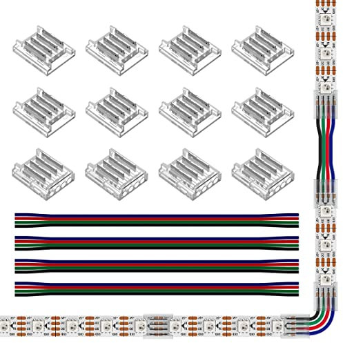 SEZO LED Streifen Verbinder Kit LED Eckverbinder 12PCS SMD 4PIN 10mm Transparenter Lückenloser Lötfreier Board to Board/Board to Wire Connectors + 4PCS 15cm langer 22AWG Verlängerungsdraht