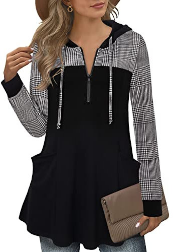 Gaharu Damen Tunika Langarm Elegant Lang Festlich Pullover Herbst Winter Pulli mit Kapuze Tunikashirt Business Pullover Kariert Langarmshirt Winter Baumwolle Sweatshirt Hahnentritt,XL