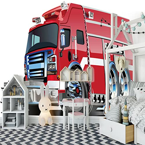 ZAPVI Vlies Fototapete Rot & Feuerwehrauto Größe:W200CMxH140CM Tapete, Dekoration, Wandtapete, Wandbild, Wandbelag, Designtapete