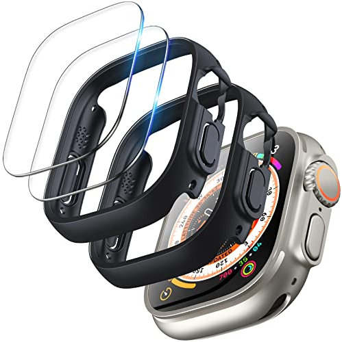 TOCOL 2+2 Stück Hülle für Apple Watch Ultra/Ultra 2 49mm Case, 2 Stück iWatch Ultra Case mit 2 Stück Displayschutzglas, 9H HD Bläschenfrei, Kratzfestes Case für iWatch Ultra 49mm, Schwarz/Schwarz