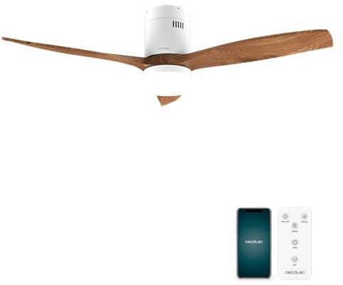 Cecotec Ventilador de Techo EnergySilence Aero 5600 Aqua WhiteDarkWood Connected,40 W y 52”,Wifi, Mando a distancia, protección IP44, luz, 6 velocidades, 3 aspas, modo winter-summer,temporizador 8h