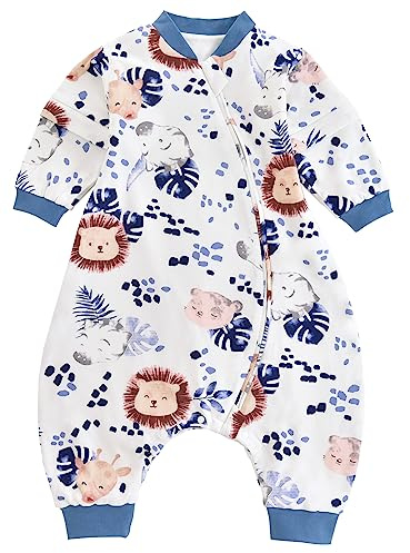 Chilsuessy Baby Sleeping Bag with Feet 1.5 Tog 100% Cotton Sleeping Sack with Removable Sleeves Anti Kick Infant Toddler Wearable Blanket for Boys and Girls, Zebra Lion, 80/2-3 Years
