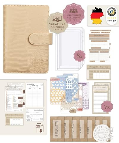 BeginnerBudget® Budget Planner Deutsch - Starterset mit Sparchallenge Budgetplaner - Sparen mit Umschlagmethode + Anleitung - Ringbuch A6 - Binder A6 Gecko-Style (Beige)