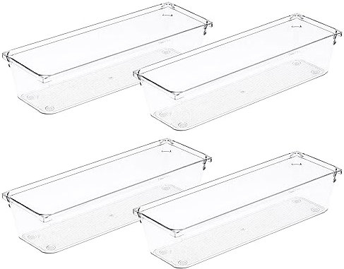 Amtido 4 Pack Drawer Organisers - Sturdy Clear Plastic - Versatile Storage for Kitchen, Bathroom, Utensils, Makeup, Office, and Desk Accessories (7.6cm x 22.9cm x 5.1cm)