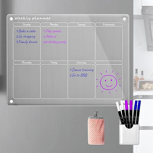 Acrylic Magnetic Weekly Calendar for Fridge, Clear Meal Planning Planner for Refrigerator Includes 6 Dry Erase Markers with 3 Colors/Magnetic Pen Holder/Towel (16x12)