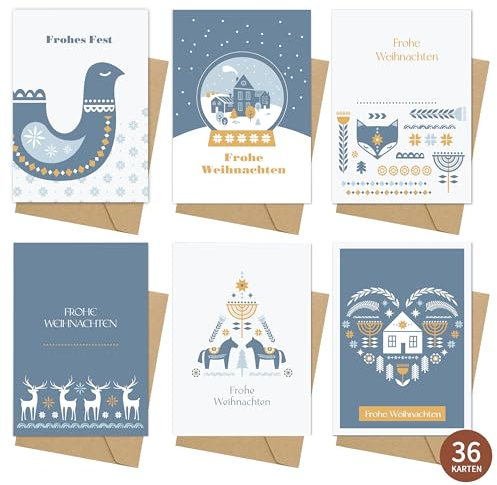 Weihnachtskarten mit Umschlag Set, 36 Klappkarten & 36 Umschläge - Weihnacht Grußkarte für Familie Freunde Geschäftlich Kunden (6 * 6)