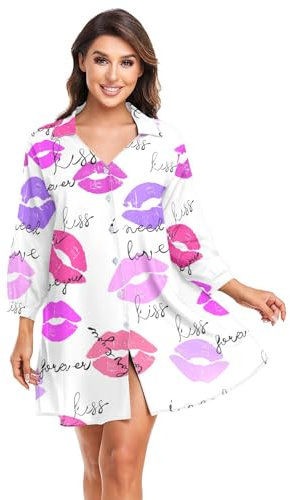 Womens Cover Up for Swimwear Valentine's Day Tropical Plant Leaves Purple Beach Shirt Cover Up Button Down Bathing, Valentines Hot Lips Kisses Pink Purple, Large