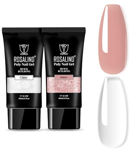 ROSALIND Schnellverlängerung Poly Nail Gel 60ml*2, Transparent & Melone UV LED Poly Nagelgel, Nail Konstruktor poligel für Nägel, für Anfänger,Profesionelle Salon, Geschenk für Nagelliebhaber