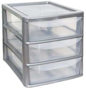 Khanary Plastic Storage Drawer A4 Storage Box Multipurpose Organizer Office Desktop Tabletop Counter School Bedroom Garage Kids Room Vanity organizer Black/Silver-Clear (Silver Clear, 3 Tier Small)