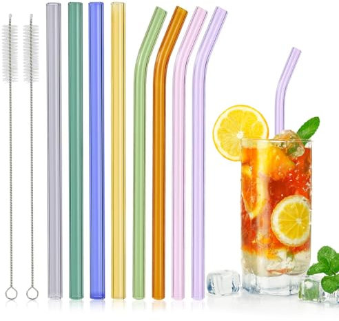8 Stück Wiederverwendbare Glasstrohhalme Set, 4 Gebogene Glas Strohhalme und 4 Gerade Glas Trinkhalme mit 2 Reinigungsbürsten, Strohhalme Bunt für Cocktails, Smoothies, Bubble Tea
