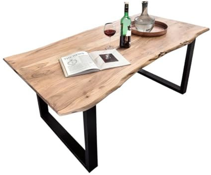 Liadomo Esstisch 180x90 Sammy Natur, Baumkantentisch, Akazie Massivholz Tisch, 26mm Tischplatte Lackiert, Robust & Pflegeleicht, Unikat, U-Gestell Metall in Schwarz